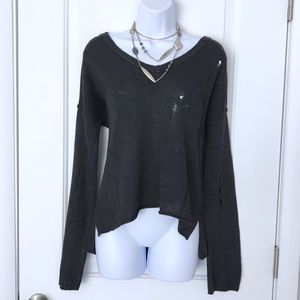 AEO gray destroyed v-neck hi-lo sweater Size S EUC